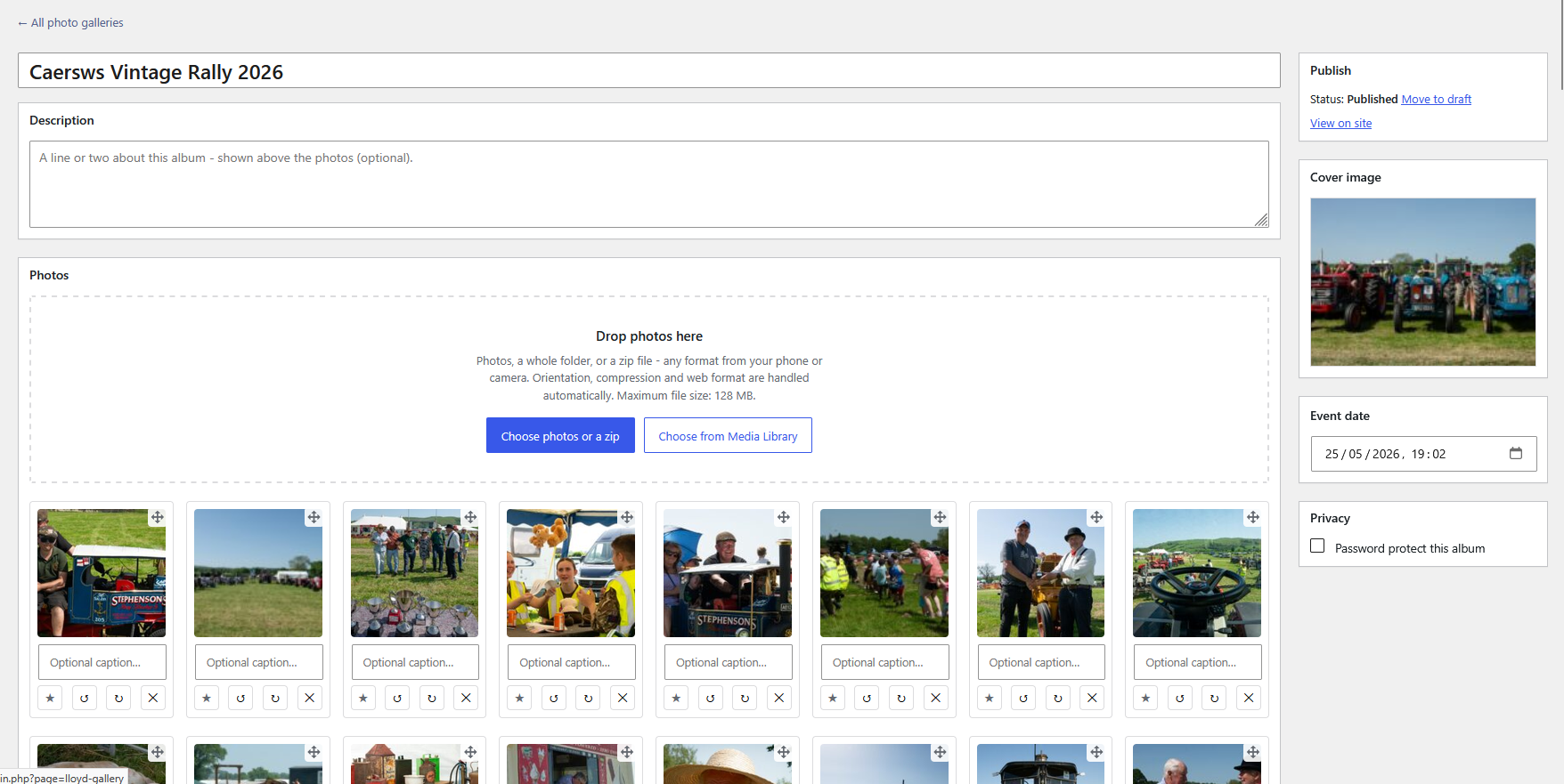 An album's manage screen, showing the drop zone, inline captions and rotate controls