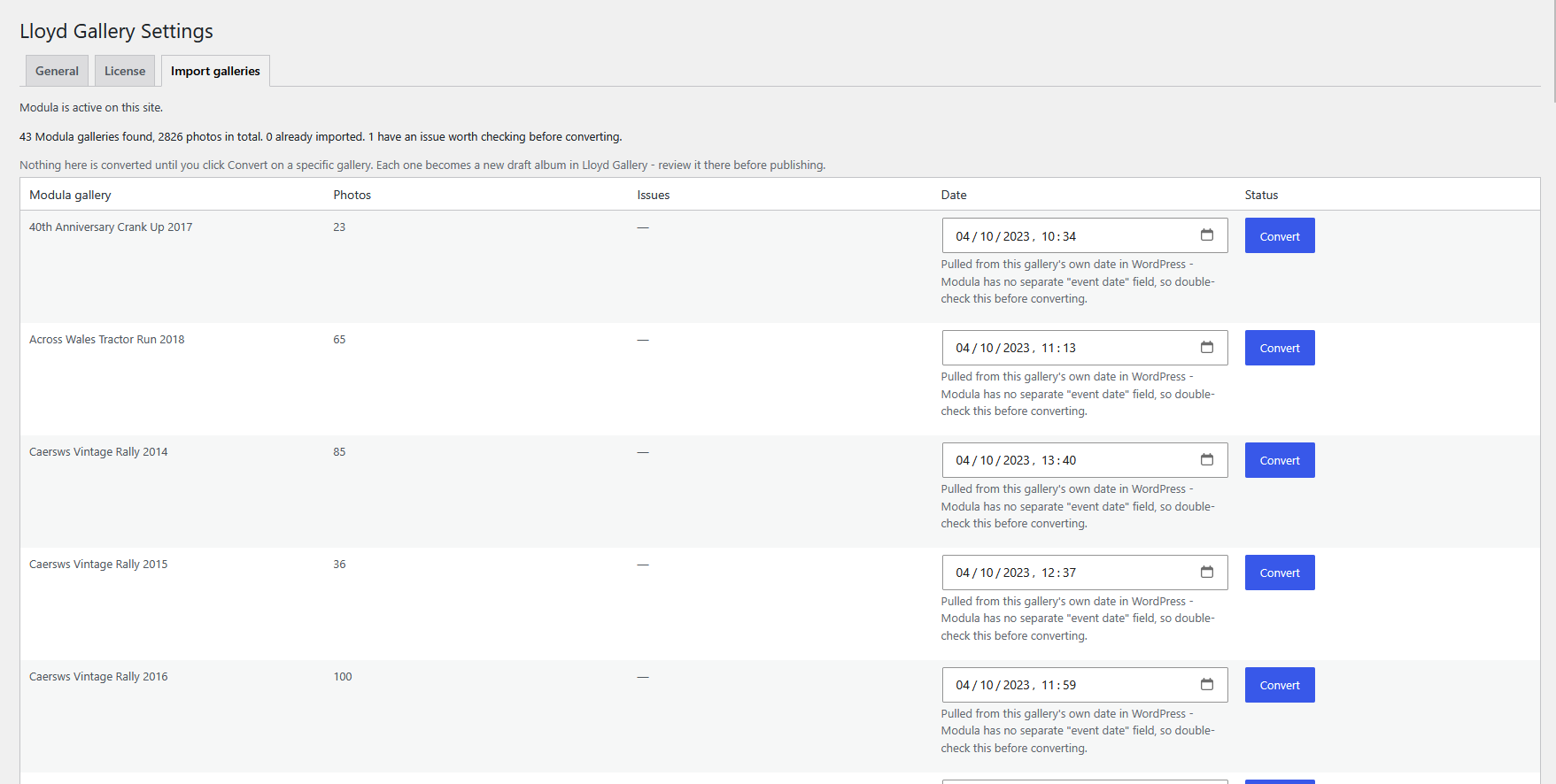 The Import galleries tab, listing detected Modula galleries with a Convert button on each