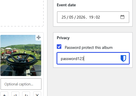 The password-protect checkbox switched on, with a password field, on an album's manage screen